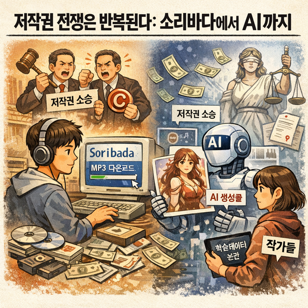 저작권 전쟁을 묘사한 AI 이미지