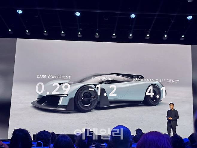 리 톈위안 샤오미 EV 디자인 총괄이 28일 스페인 바르셀로나 카탈루냐 콩그레스센터에서 열린 샤오미 신제품 발표회에서 '샤오미 비전 그란 투리스모'를 소개하고 있다(사진=윤정훈 기자)