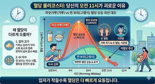 혈당 롤러코스터: 당신의 오전 11시가 괴로운 이유. 제미나이 생성 이미지