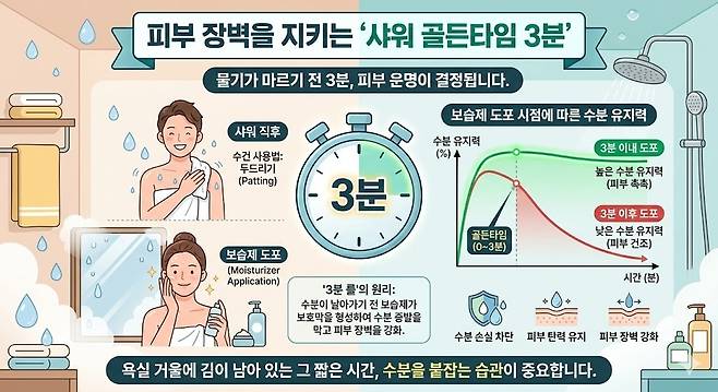 피부 장벽을 지키는 '샤워 골든타임 3분. 제미나이 생성 그래픽