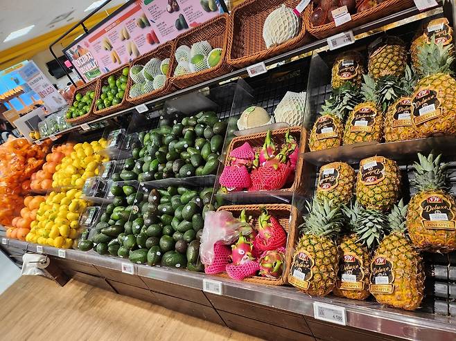 1일 서울의 한 대형마트에 파인애플과 오렌지, 망고 등 수입과일이 진열 돼 있다. 김기환 기자