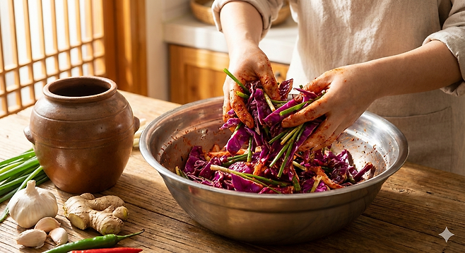 적양배추를 흐르는 물에 씻은 뒤 얇게 채썰어 볼에 담고 방울토마토, 양파를 추가한 후 드레싱을 첨가하면 봄철 입맛을 돋우는 ‘적양배추 샐러드’가 완성된다. 구글 제미나이 생성 이미지