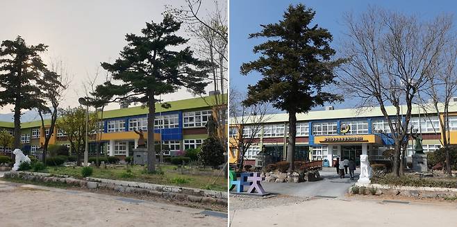 폐교 전 궁근정초등학교(왼쪽·울산시교육청 제공)와 현재 울산마을교육공동체거점센터(오른쪽·김용태 촬영) 모습.