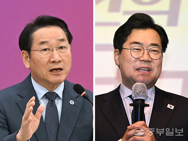 유정복 인천시장(왼쪽)과 박찬대 더불어민주당 국회의원. 정선식기자