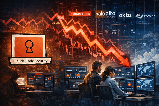 클로드 코드 시큐리티로 글로벌 보안주가 하락했지만 전문가들은 보안 전체 분야를 대체하기는 아직 이르다고 평가한다. / 챗GPT 생성&nbsp;