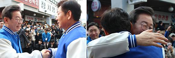 이재명 당시 더불어민주당 대표가 하남을 찾아 2024년 총선 당시 중앙당 전략공천에 승복하고 선당후사를 실천한 강병덕 예비후보와 악수를 하고 포옹을 하고 있다. [사진=강병덕 예비후보]