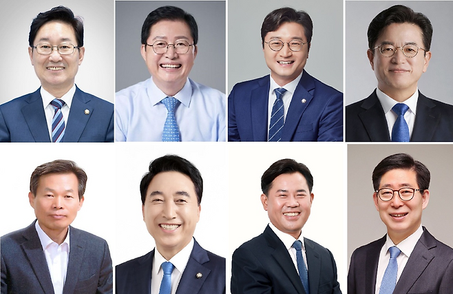 더불어민주당 대전시장·충남지사 선거 입후보예정자. 박범계·장종태·장철민 국회의원·허태정 전 대전시장, 양승조 전 충남지사·박정현 전 부여군수·박수현 수석대변인·나소열 전 서천군수(윗줄 왼쪽부터 시계방향으로).