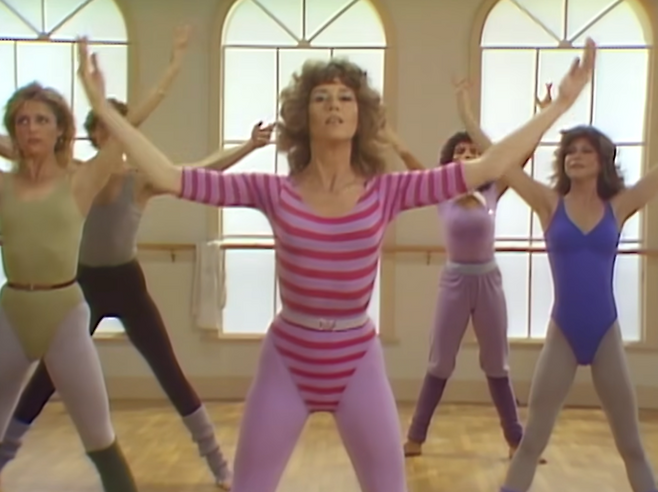 1982년에 출시돼 전 세계에 에어로빅 열풍을 일으켰던 제인 폰다(Jane Fonda)의 홈 비디오 캡쳐.