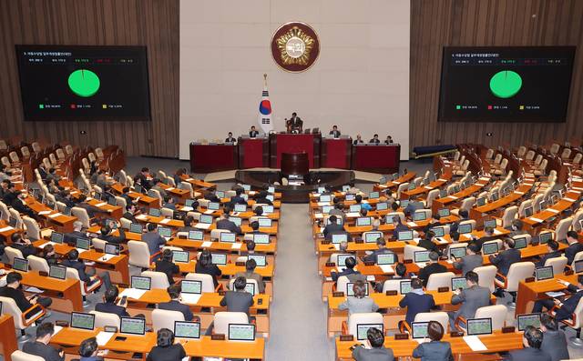 1일 국회에서 아동수당법 일부개정법률안(대안)이 여당 주도로 통과되고 있다. 연합뉴스