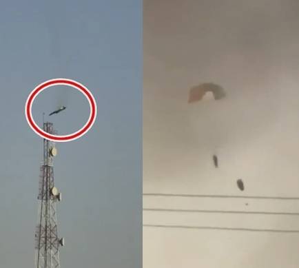 2일(현지시간) 쿠웨이트 수도 쿠웨이트 시티 내 미 공군의 주둔 기지인 알리 알 살렘 공군기지 인근 상공에서 미군 전투기가 추락하고 있다.(왼쪽) 전투기에 탑승하고 있던 조종사는 낙하산을 타고 비상 탈출에 성공했다. 자료 : 소셜미디어