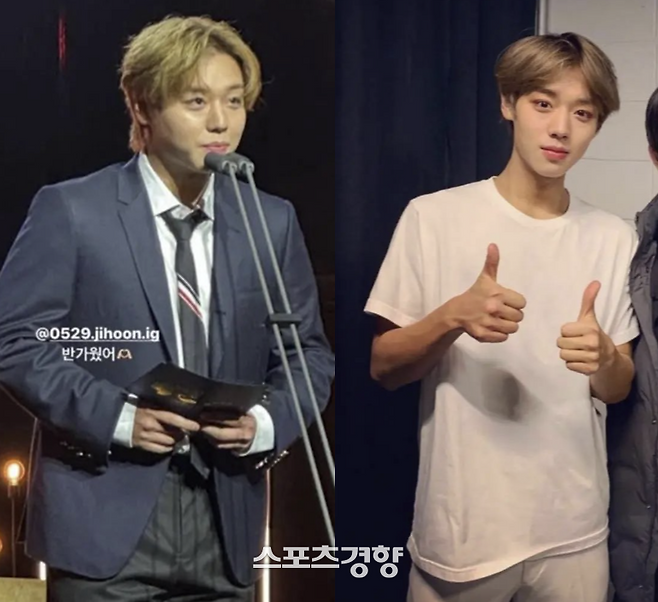 2024년 배우 최현욱이 올린 박지훈(왼쪽), 2019년 워너원 활동 당시 박지훈. 온라인 커뮤니티 캡처