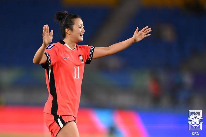 한국 여자축구 대표팀이 2일(현지시간) 호주 골드코스트 스타디움에서 열린 이란과의 조별리그 1차전에서 3-0 승리를 거뒀다. 한국 최유리가 골을 넣은 후 기뻐하고 있다. 대한축구협회 제공