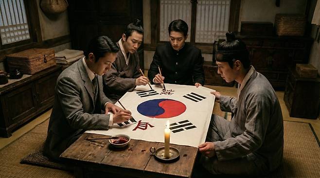 ▲ 조명원, 조종서, 최봉학, 문무현이 인천 중구 조병수 가옥에서 혈성단을 조직하고 결의를 하는 모습을 재현한 그림이다. AI 이미지 생성기 '나노바나나(Nano Banana)'에 넣어 제작했다. 네 청년들이 태극기에 피 '혈(血)과 정성 '성(誠)자를 그리며 결의에 찬 모습을 강조하고자 했다. /박준엽 수습기자 jun010209@incheonilbo.com