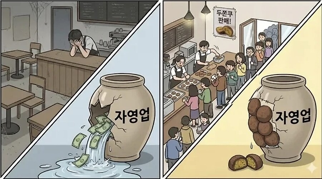 온라인에서 유행하는 두쫀쿠 항아리 밈(meme). 불경기에 두쫀쿠가 자영업자를 먹여 살린다는 의미를 담고 있다. <온라인 커뮤니티 캡처>