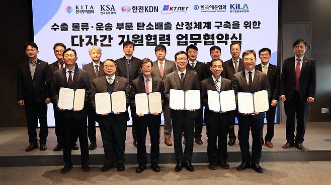 한전KDN, 한국무역협회 등 6개 기관 업무협약에 참석한 관계자 단체 사진.(사진제공=한전KDN)