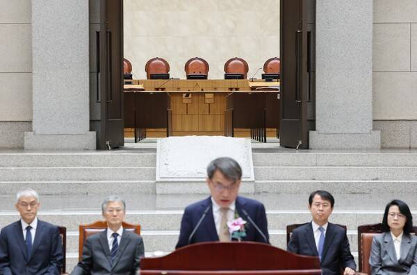 &nbsp;노태악 대법관이 3일 서초동 대법원에서 열린 퇴임식에서 퇴임사를 하고 있다. 2026.3.3 연합뉴스