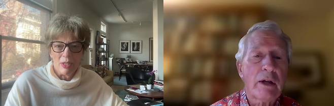 캐슬린 스티븐스 전 주한 미국대사(왼쪽)와 네드 슐츠 하와이대 마노아 캠퍼스 명예교수가 본지와 인터뷰를 하고 있다. /워싱턴=김은중 특파원