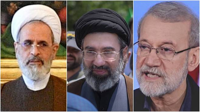 하메네이 이란 최고지도자가 28일 사망한 이후 후계자로 거론되는 이란 정치인 왼쪽부터 아라피, 모즈타바, 라리자니