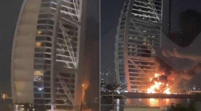 1일 새벽 아랍에미리트(UAE) 두바이의 랜드마크인 부르즈 알아랍 호텔에 불이 난 모습. [X 캡처]