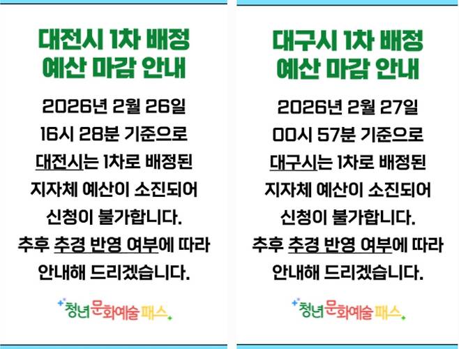 4일 접속한 청년문화예술패스 사이트에 대전과 대구의 조기 신청 마감 안내문이 게시된 모습. 청년문화예술패스 캡처