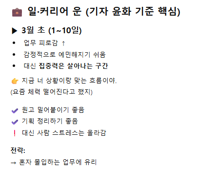 영남일보 취재진이 직접 챗GPT에 생년월일과 출생 시간, 장소를 입력해 3월 운세를 물어본 결과표. 약 30초 만에 업무 피로감이 높고 감정적으로 예민해지기 쉬운 시기지만 집중력은 살아나는 구간이라며 혼자 몰입하는 업무에는 유리하다는 진단이 제시됐다. 조윤화 기자 <이미지 = 생성형 AI>