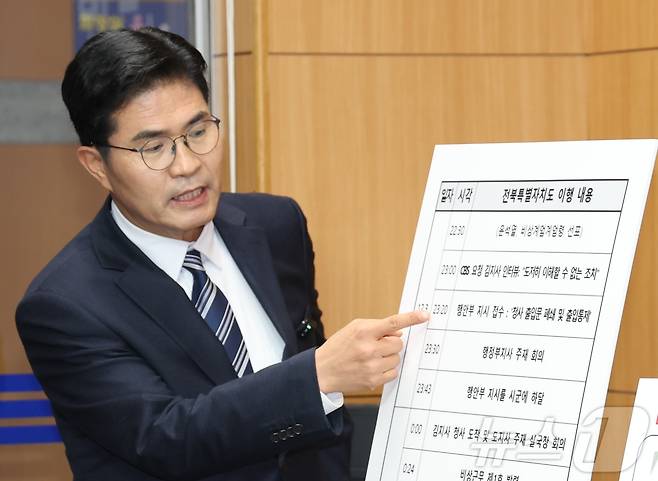 이원택 더불어민주당 국회의원이 4일 전북 전주시 전북특별자치도의회에서 현안 관련 기자회견을 열고 비상계엄 선포 당시 전북도의 이행 내용과 관련 자료를 보이며 문제 제기를 하고 있다. 2026.3.4 ⓒ 뉴스1 유경석 기자