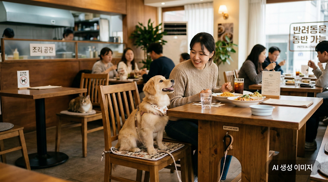반려동물 동반 출입에 대한 이해를 돕기 위한 연출된 AI 이미지. 실제 음식점의 위생 및 안전 기준과는 차이가 있을 수 있습니다. 구글 제미나이