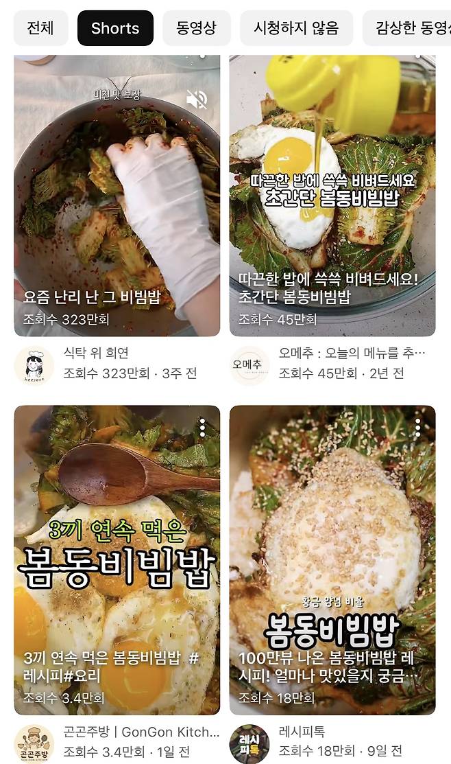 유튜브 쇼츠에 올라온 봄동 비빔밥 관련 영상들. 유튜브 캡쳐 갈무리