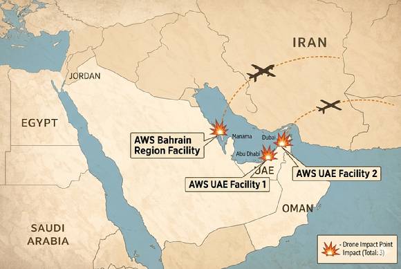 이란의 드론 공격으로 중동 지역 AWS 데이터센터가 피해를 입은 사건을 설명한 개념도. 실제 지형을 단순화한 생성형 AI 이미지. [사진=제미나이 제작]