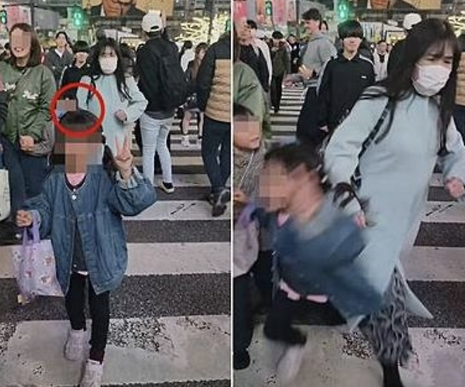 일본 도쿄 시부야 교차로서 아이 밀치고 달아난 마스크 쓴 여성. 출처=홍콩 성도일보
