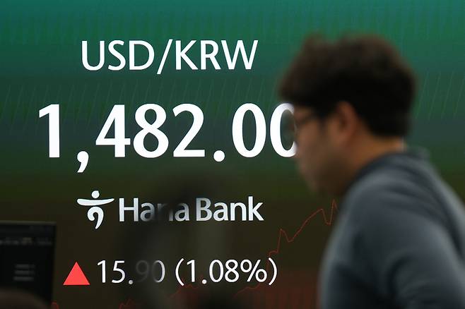 A dealer walks past near a screen showing the foreign exchange rate between U.S. dollar and Korean won at a dealing room of Hana Bank in central Seoul on March 4. [AP/YONHAP]