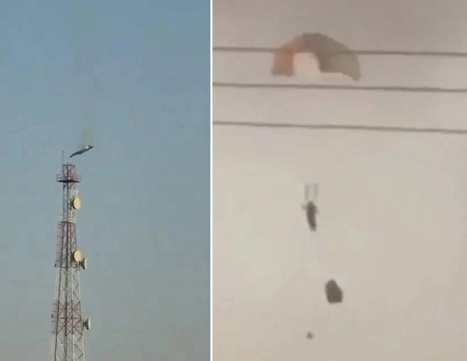 웨이트 알자흐라 상공에서 전투기가 화염에 휩싸인 채 추락하는 장면(왼쪽)과 조종사가 낙하산으로 탈출하는 모습(오른쪽)이 소셜미디어 영상에 포착됐다. 소셜미디어 영상 캡처 / 로이터 연합뉴스