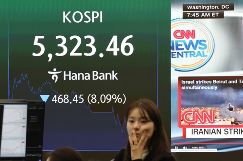 이날 코스피가 장중 8% 넘게 폭락하면서 거래를 일시 중단시키는 ‘서킷브레이커’가 연달아 발동됐다가 해제됐다.  연합뉴스