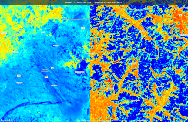 텔레픽스가 인공위성으로 2024년(왼쪽)과 2025년 3월에 비교 촬영한 경북 의성군 안계면의 수분 지수. 산불 후 수분이 줄어든 모습이 확인된다. 사진 제공=텔레픽스