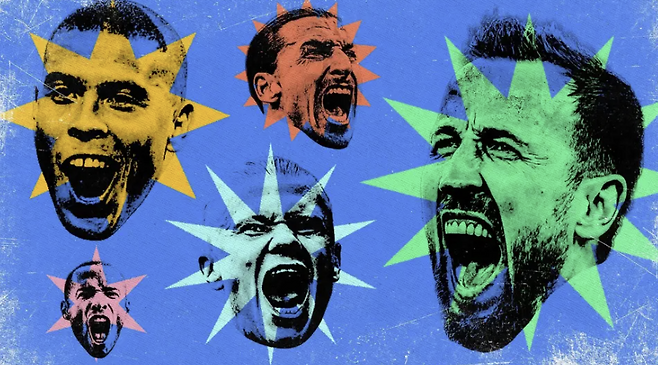 왼쪽 위부터 시계방향으로 호나우두, 즐라탄 이브라히모비치, 해리 케인, 엘링 홀란, 티에리 앙리. BBC