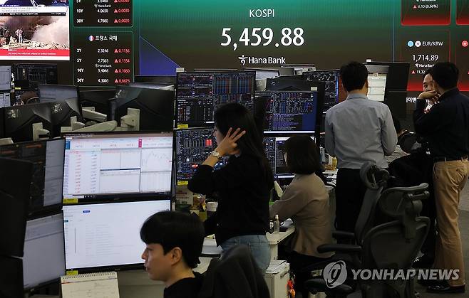 이틀연속 코스피 매도 사이드카 발동 (서울=연합뉴스) 신준희 기자 = 4일 중구 하나은행 본점 딜링룸 전광판에 실시간 코스피가 표시돼 있다. 2026.3.4 hama@yna.co.kr