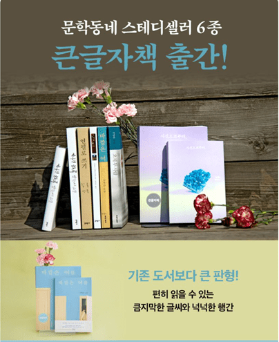 문학동네 출판사의 큰글자책 홍보 이미지. 김애란의 『바깥은 여름』 큰글자책 판형은 원래의 책보다 본문이 70쪽 증가했다.