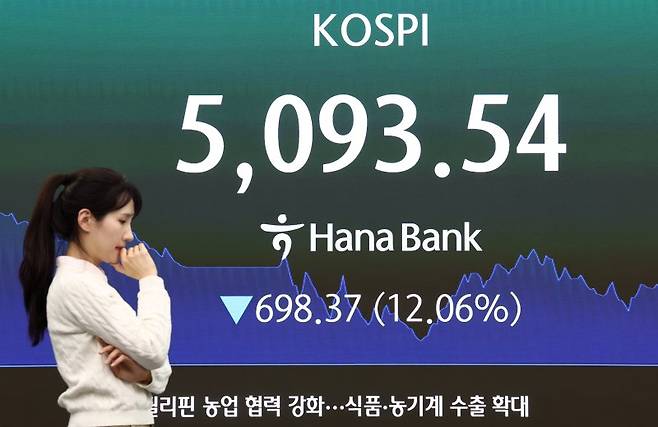 이란전쟁 여파로 코스피 지수가 급락 마감한 4일 서울 중구 하나은행 본점 딜링룸 전광판에 코스닥 지수 종가가 표시되어 있다. 이날 코스피지수는 전일대비 698.37p(12.06%) 떨어진 5093.54에 장을 마감했다. 2026.3.4 ⓒ 뉴스1 최지환 기자 /사진=뉴스1