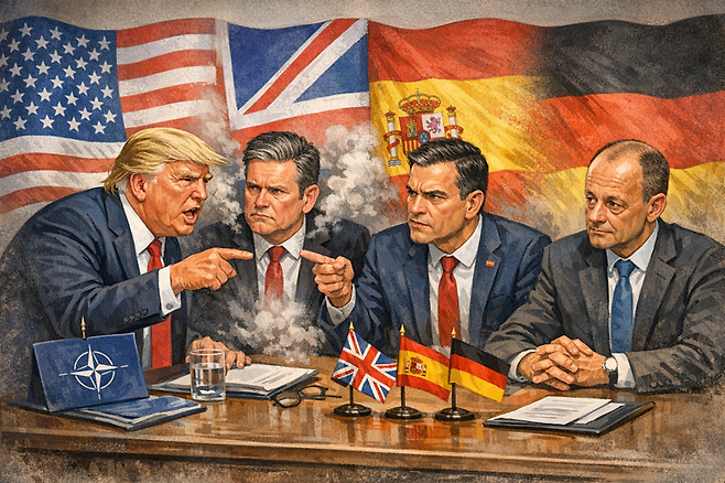 왼쪽부터 도널드 트럼프 미국 대통령, 키어 스타머 영국 통리, 페드로 산체스 스페인 총리, 프리드리히 메르츠 독일 총리.챗GPT 생성 이미지