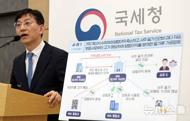 [세종=뉴시스] 강종민 기자 = 안덕수 국세청 조사국장이 9일 세종시 정부세종2청사에서 설 명절을 앞두고 먹거리, 생필품 등 장바구니 물가 불안을 야기하는 탈세자에 대한 세무조사를 실시한다고 밝히고 있다.  이번 조사에는 담합행위로 기소된 밀가루 가공업체와 할당관세 혜택을 받은 첨가물 유통업체가 포함됐다. 2026.02.09. ppkjm@newsis.com