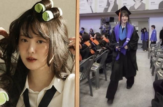 구혜선이 공개한 헤어롤 착용 사진(왼쪽)과 대학 졸업식에 참석한 모습. 구혜선 인스타그램 캡처