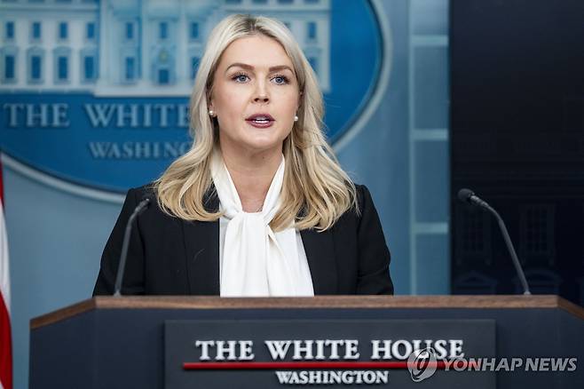 브리핑하는 레빗 대변인 [EPA=연합뉴스. 재판매 및 DB 금지]