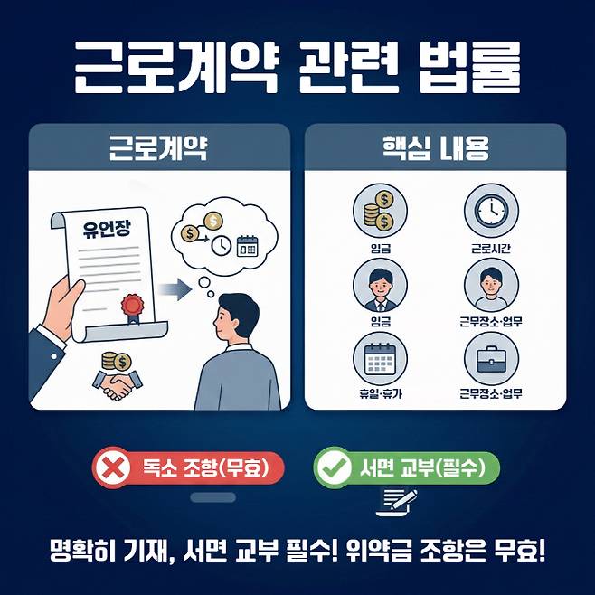 근로계약서 작성 시 임금·근로시간·휴일·휴가·근무장소 등 핵심 내용을 명확히 기재해 서면으로 교부해야 하며, 위약금 조항 등 독소 조항은 법적으로 무효다./남도일보·AI 생성 이미지