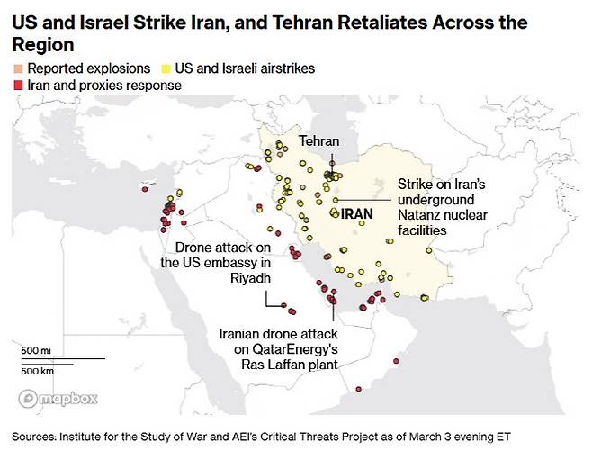 미국과 이스라엘의 이란 공습 이후 이란과 친이란 세력이 중동 전역에서 보복 공격에 나선 상황을 정리한 지도. 이란 나탄즈 지하 핵시설 타격, 리야드 주재 미국 대사관 드론 공격, 카타르 라스라판 에너지 시설 공격 등이 표시돼 있다. 주황색은 보고된 폭발, 노란색은 미국·이스라엘의 공습, 빨간색은 이란 및 친이란 세력의 대응을 의미한다. (자료: 전쟁연구소(ISW)·AEI 중대위협프로젝트)