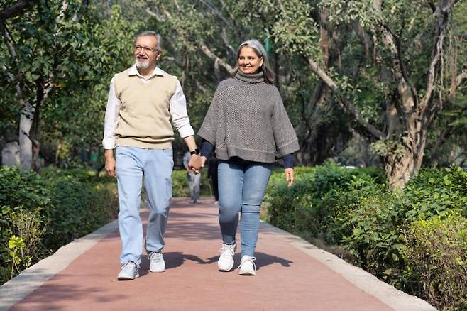 부부가 공원에서 산책을 즐기고 있다.<BR> 활발한 신체 활동과 긍정적인 노화 인식은 노년기 건강과 기능 변화에 영향을 줄 수 있다는 연구 결과가 나왔다.<BR> 사진=게티이미지뱅크