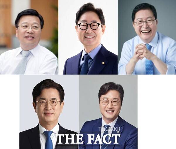 더불어민주당 대전시장 출마 후보군들. 왼쪽 상단부터(이름순) 시계방향으로 권선택 전 대전시장, 박범계 국회의원, 장종태 국회의원, 장철민 국회의원, 허태정 전 대전시장. /정예준 기자