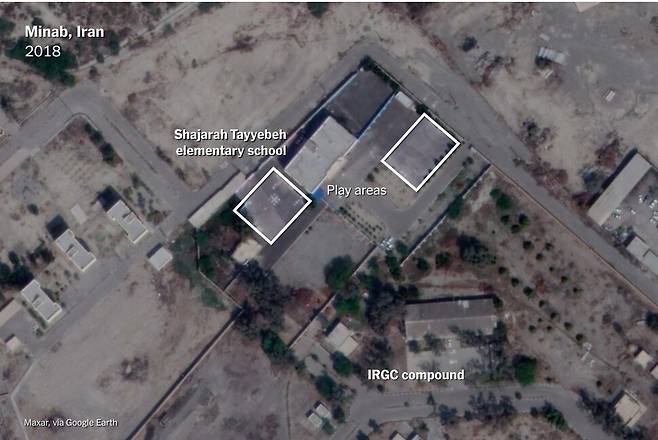 2018년 이란 미나브 샤자라 타예바 초등학교 인근의 위성사진. 뉴욕타임스 누리집 갈무리