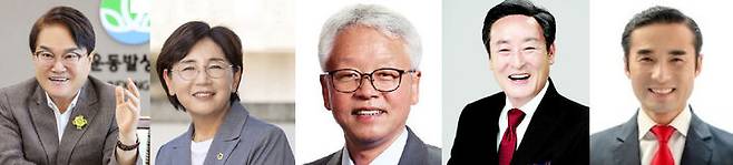 [청도=뉴시스] 청도군수 선거 출마자들. 왼쪽부터 김하수 청도군수, 이선희 경북도의원, 이경동 전 청도군의원, 박권현 전 경북도의원, 이승민 청도군의원 2026.03.06 photo@newsis.com  *재판매 및 DB 금지