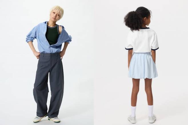 유니클로가 2024년 선보인 저지베럴레그팬츠(왼)와 유니클로키즈에서 오는 3월 말 출시 예정인 벌룬핏 치마(오)./사진=유니클로 홈페이지 캡처