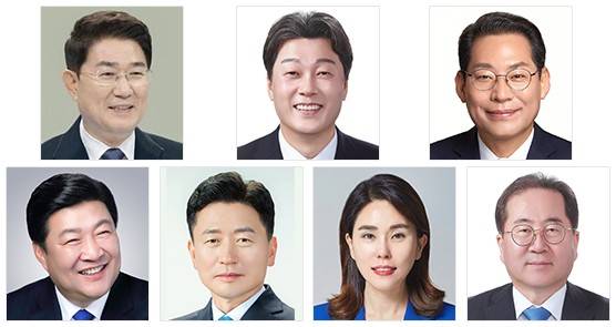 [6·3지방선거 현장을 가다-전남 순천시]사진은 왼쪽부터 노관규 현 순천시장, 서동욱 전 전남도의회 의장, 순훈모 변호사, 오하근 전 이재명대통령후보 전남공동선대위원장, 이성수 진보당전남도당위원장, 한숙경 전라남도의원, 허석 전 순천시장. (가나다 順)